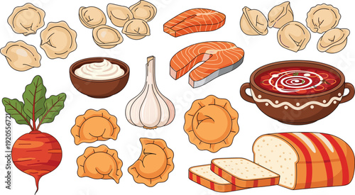 Russian cuisine ingredients illustration. Pelmeni, borscht, salmon, beetroot and bread in colorful cartoon style. Traditional food collection isolated on white background.
