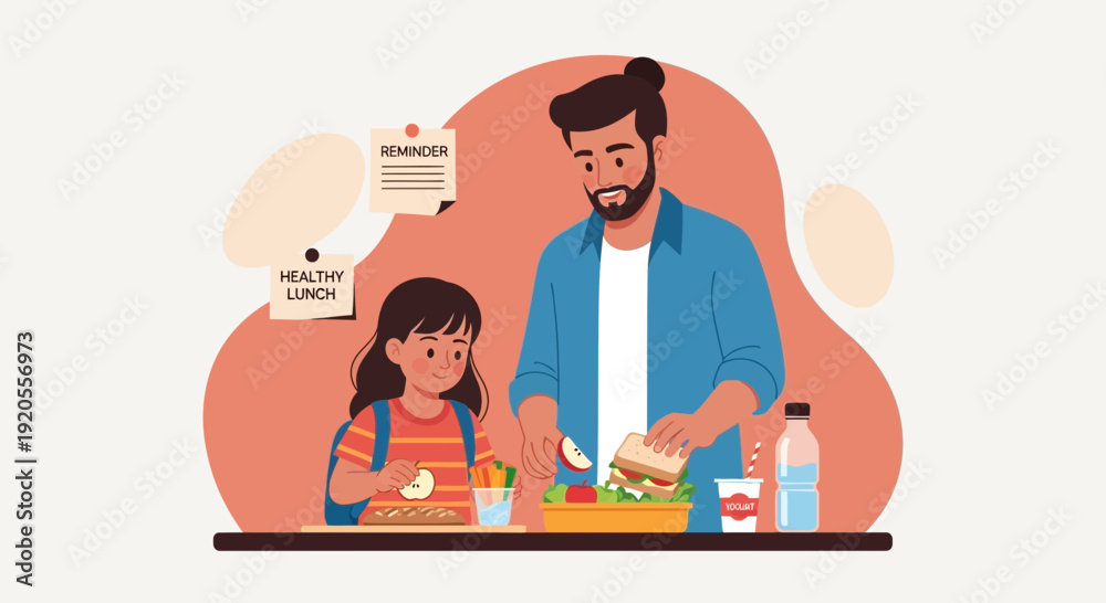 Fototapeta premium Father and daughter preparing a meal together in a kitchen, standing at a counter, illustration, domestic scene, warm atmosphere
