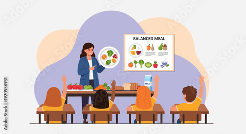 A teacher educating students about a balanced meal in a classroom setting with visual aids