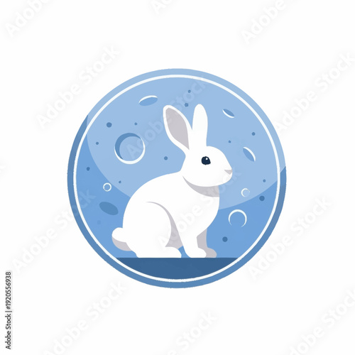 White Rabbit Sitting in a Blue Circle with Moon Craters.