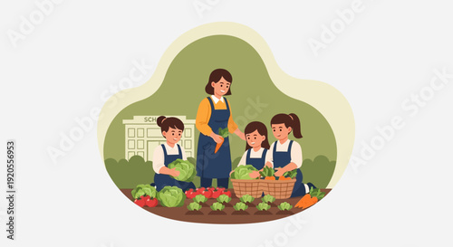 Family harvesting fresh vegetables together in a lush garden from a high viewpoint