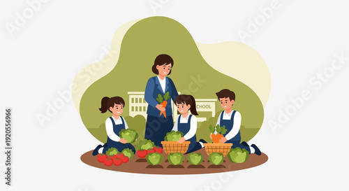 Group of people harvesting fresh vegetables together in a garden from a high viewpoint