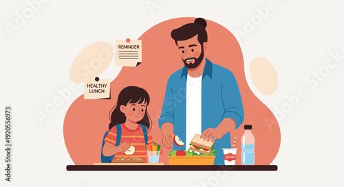 Father and daughter preparing a meal together in a kitchen, standing at a counter, illustration, domestic scene, warm atmosphere