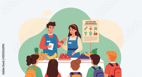 Volunteers distributing fresh produce to children at a community event stand, viewed from behind the crowd.