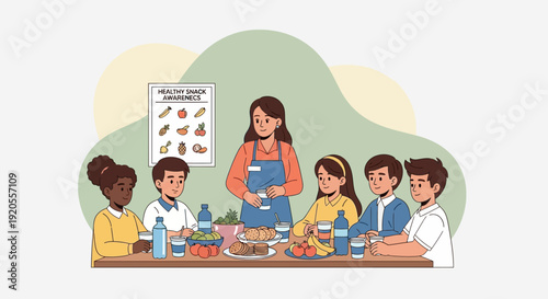 Children gathered around a table learning to prepare healthy food with an instructor in a cooking class environment