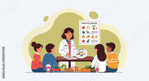 A nutritionist teaches children about healthy eating habits at a table surrounded by various foods in a classroom setting from a slight overhead viewpoint