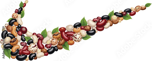 Bean swoosh abstract logo illustration. Curved shape made of mixed legumes with green leaves. Creative plant protein concept isolated on white background.