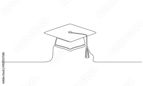 Graduation cap continuous one line drawing, Minimalist continuous one line drawing of a graduation cap with tassel for academic success concept