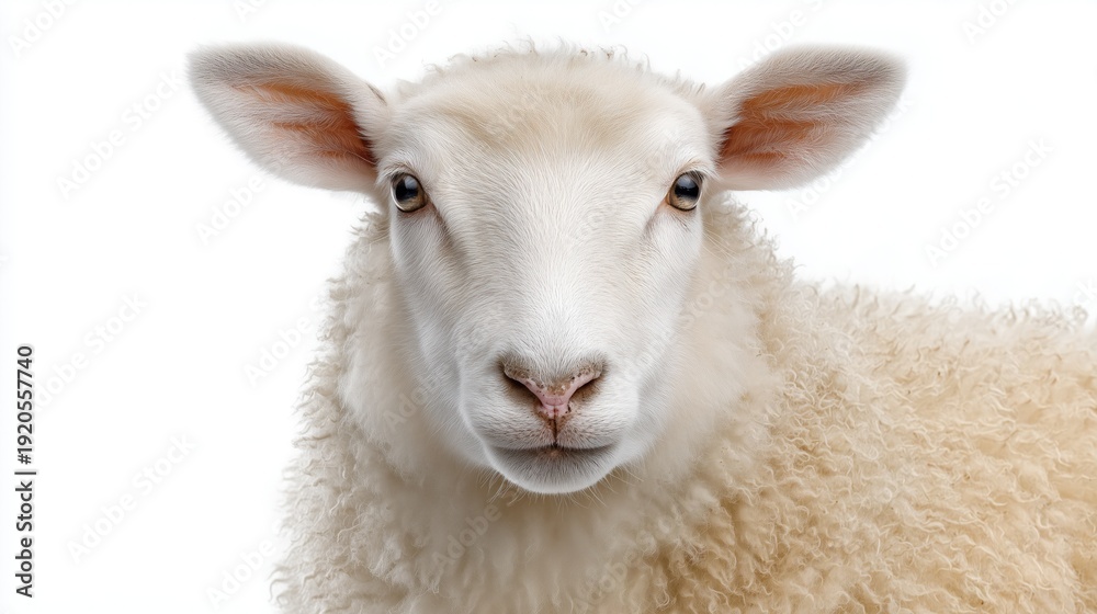 Fototapeta premium Close-up of a cute fluffy sheep with curly wool on white background