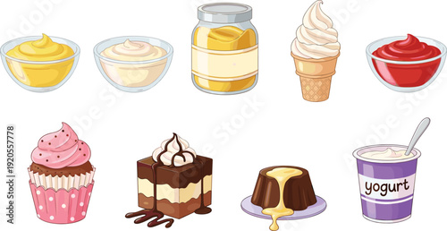 Condiments and desserts illustration set. Mustard, cream, butter and ketchup with cupcake and cakes. Colorful food collection isolated on white background.