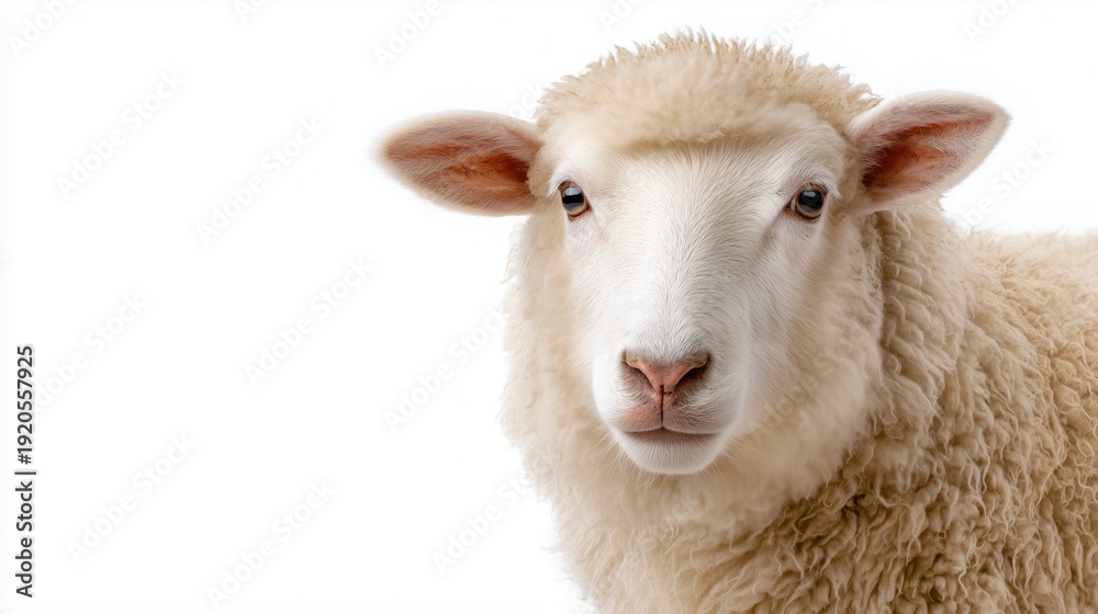 Obraz premium Close-up of a fluffy sheep on a white background