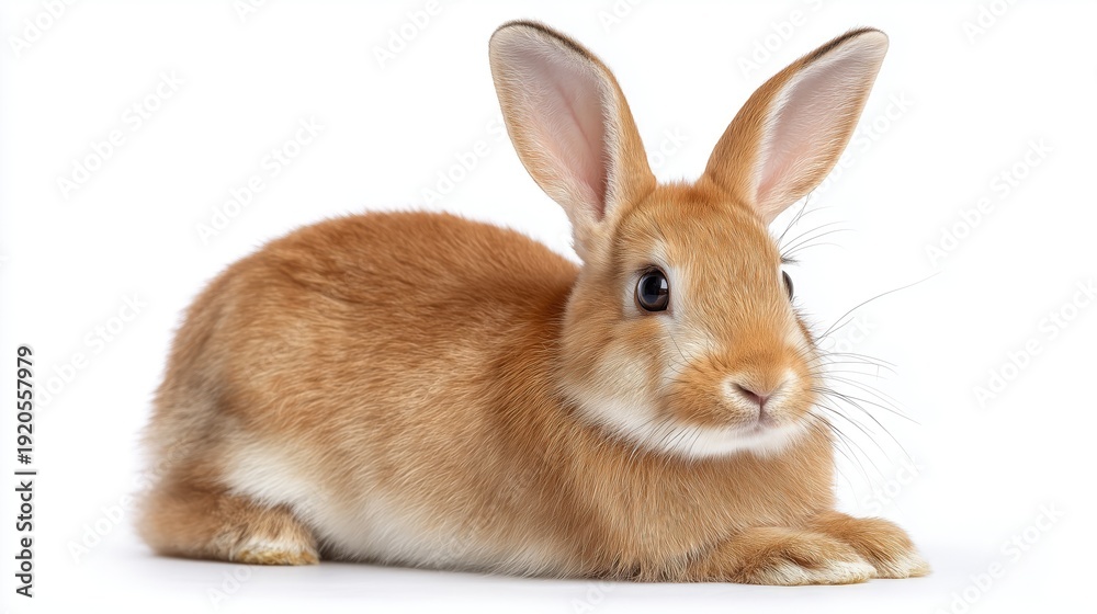 Fototapeta premium Adorable brown rabbit with white paws and floppy ears on white background