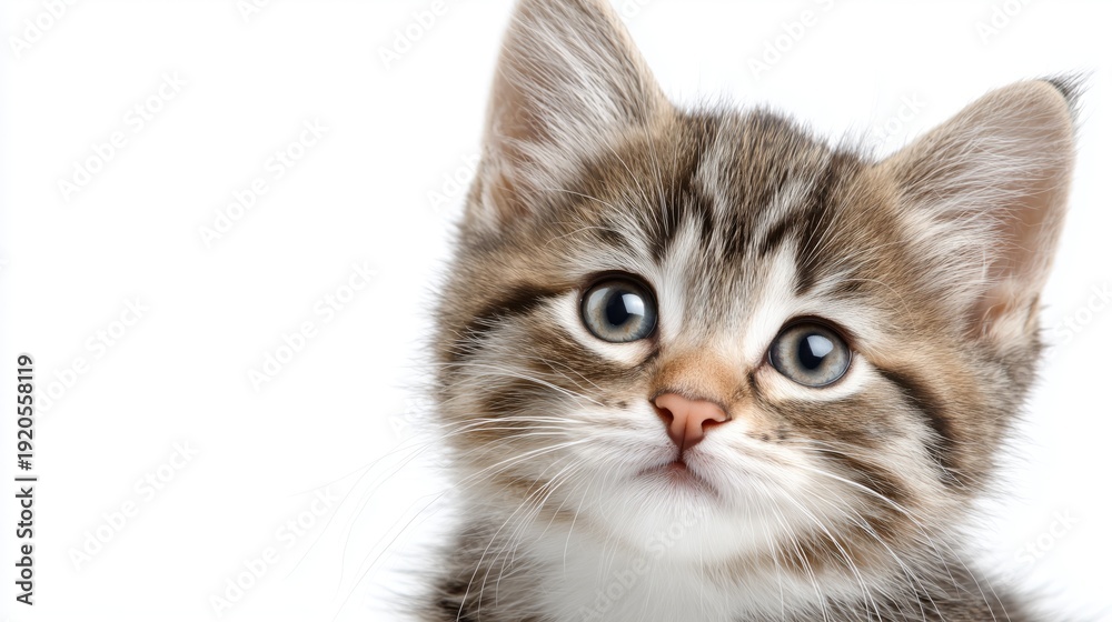 Fototapeta premium Adorable tabby kitten with blue eyes on white background