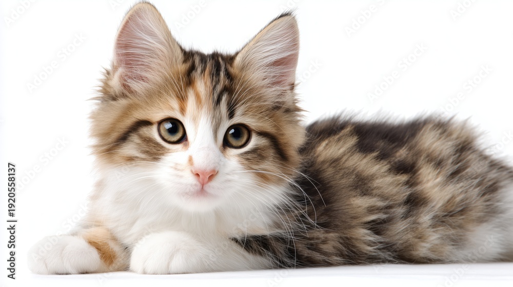 Obraz premium Fluffy calico kitten lying down on white background