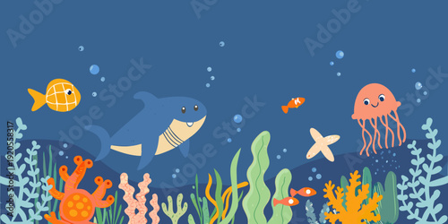 Cute cartoon underwater scene featuring a shark jellyfish and colorful fish