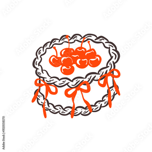 Set of hand drawn doodle whimsical cake with chocolate frosting for birthday, bachelorette party celebration, wedding, romantic love Valentines day. Pastel graphic element for greeting card, print