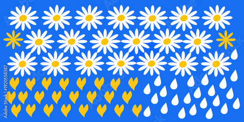 A vibrant pattern featuring daisies hearts raindrops and bright colors