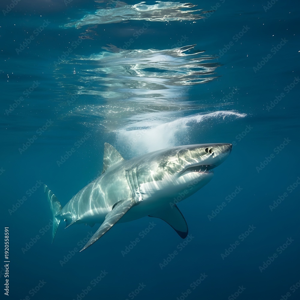 Fototapeta premium Great White Shark Ascending in Clear Blue Ocean Waters.