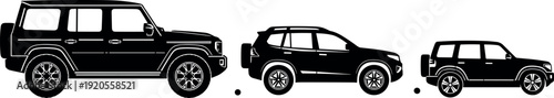 Set of black SUV car silhouettes including off road 4x4 vehicles in different sizes cad drawing flat vector illustration isolated