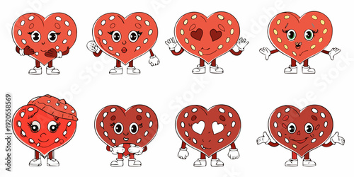 Adorable strawberry hearts with faces displaying various playful expressions