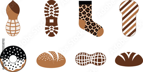 Brown and white minimalist icon set. Peanut, bread and pattern inspired flat designs. Clean geometric grid illustration isolated on white background.