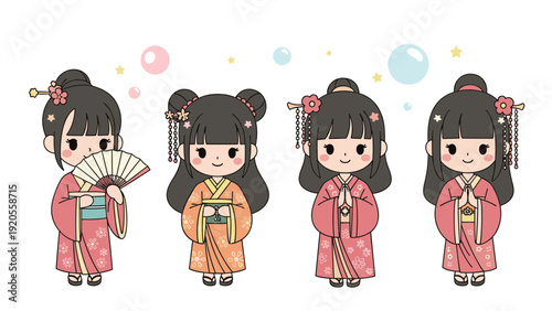 Four adorable female characters dressed in various styles of traditional Japanese kimonos with hair ornaments and fans.