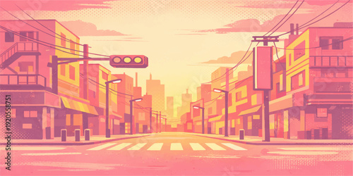  skyline illustration featuring urban traffic on a downtown highway with illuminated skyscrapers and city architecture at night