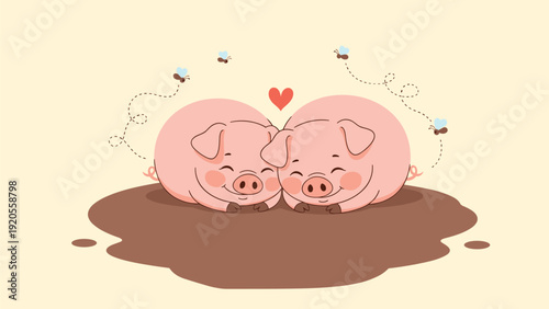 Pair of two adorable pink pigs cuddling together in a brown mud puddle with a romantic heart and buzzing bees.