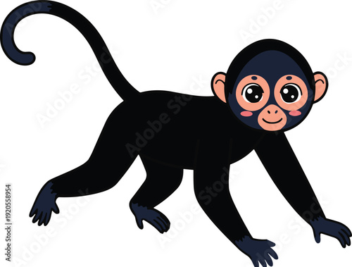 Cute Cartoon Monkey Illustration with Big Eyes Smiling Face and Long Tail Isolated on White Background Vector