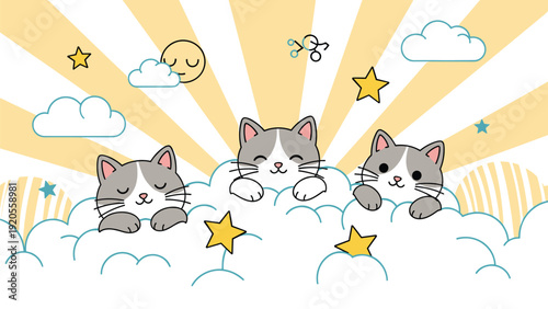 Three cute kittens sleeping peacefully on soft white clouds against a yellow sunburst background with stars and a moon.