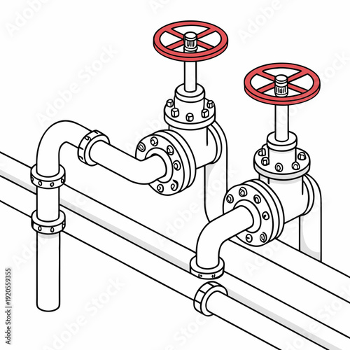 Industrial pipeline with two red valves pipes plumbing
