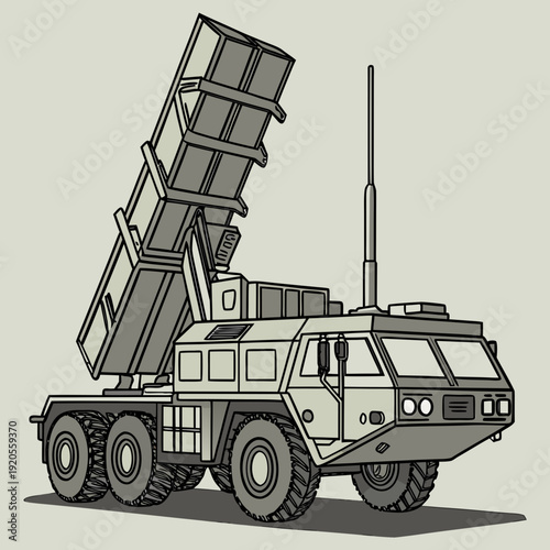 Gray military truck with missile launcher system vehicle