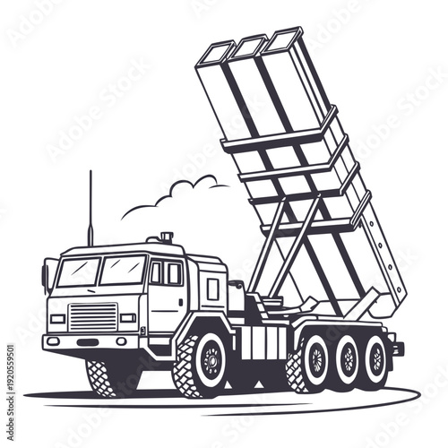 Black and white of a missile launcher truck vehicle