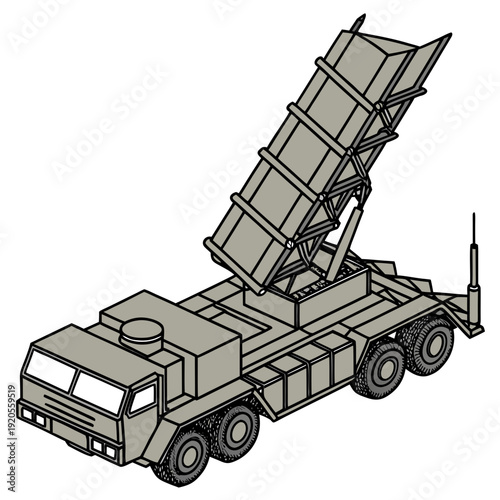 Gray military truck with missile launcher system transportation
