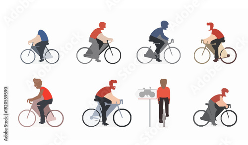 Cute cartoon cycling man flat vector illustration set