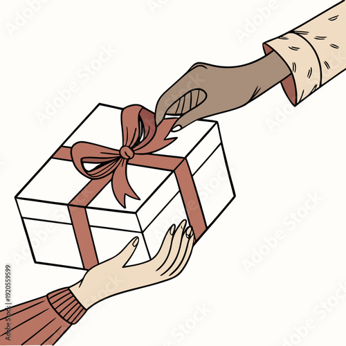 Hands exchanging gift box with white paper and brown ribbon