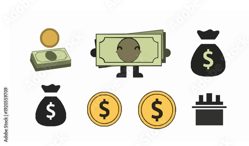 Dollar money flat vector illustration finance currency set