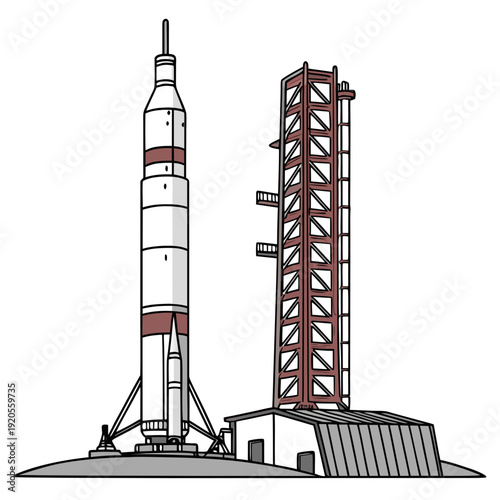 Of a tall white and red rocket on a launchpad space