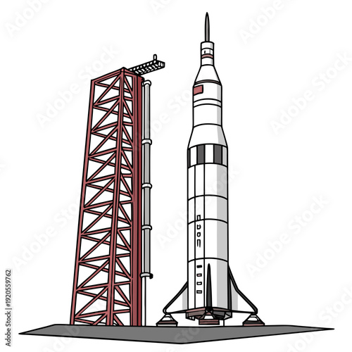 White rocket on launchpad with red tower space