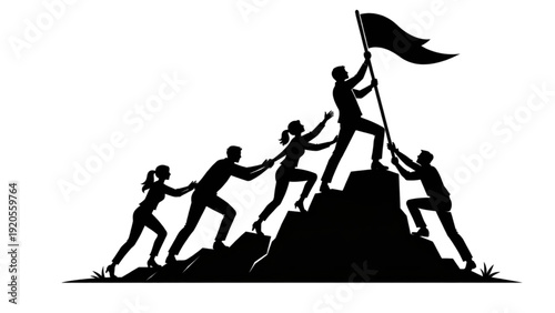 Team Reaching Mountain Peak Success Concept