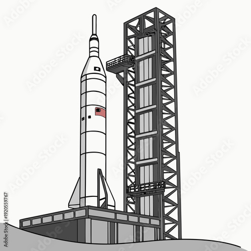White rocket on launchpad with metal tower space