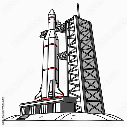 White rocket on launchpad with red stripes and metal tower
