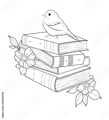 Ilustración sin títuloBird on Stack of Books – Minimalist Black and White Line Art Illustration