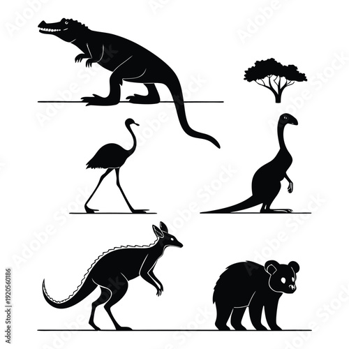 Silhouettes of Australian wildlife including crocodile kangaroo koala ostrich and tree black and white