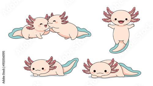 Collection of cute pink axolotl characters in different happy poses including swimming standing and two friends interacting with each other.