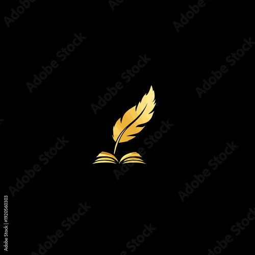 Golden feather and open book logo on black background for design elements