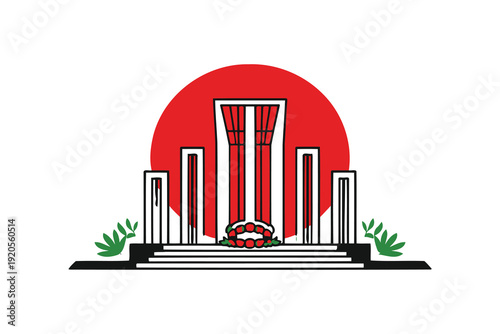 monumental memorial with red sun and green leaves in flat design