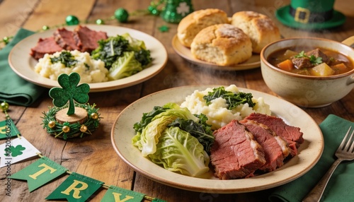 St. Patrick's Day Feast: A vibrant depiction of a traditional Irish feast, filled with hearty dishes such as corned beef, cabbage, and fluffy scones, ready to celebrate a time-honored holiday.