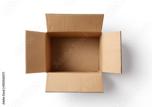 Empty open brown corrugated cardboard box on a white background, viewed from above