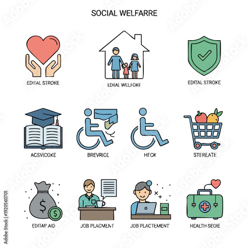 Charity and Donation icon set illustrating various social welfare services and activities for the benefit of people in need